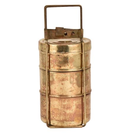 Golden Brass Three Tier Tiffin Box For Home Decoration With Lock