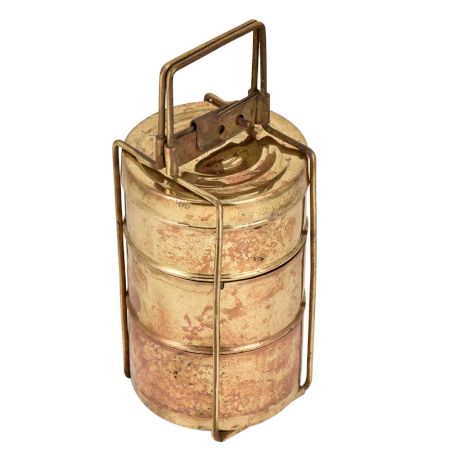 Golden Brass Three Tier Tiffin Box For Home Decoration With Lock