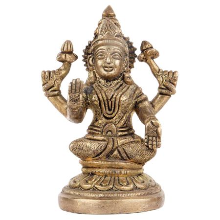 Brass Goddess Laxmi statue Sitting Four hands On Lotus Seat