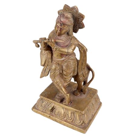 Brass Standing Krishna Statue With His Cow And Flute