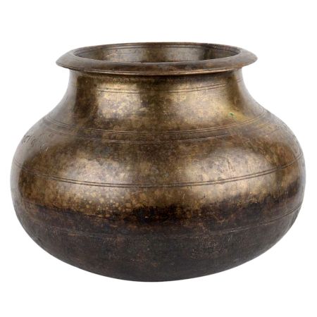 Brass Pot With Broad Base Small Mouth And Patina