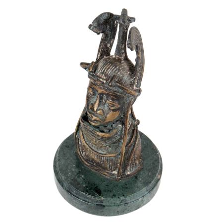 Brass Tribal Face Statue With Tribal Crown Bust On Green Round Base