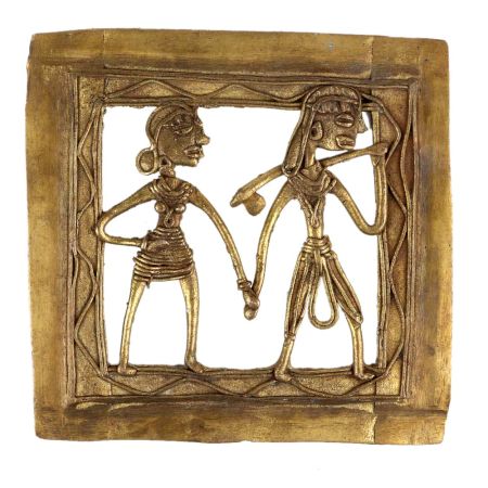 Handmade  Dhokra Wall Art Hanging Tribal Couple Holding Hands Daily Activity