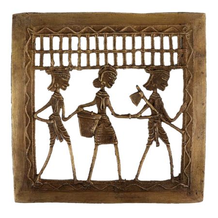 Brass Dhokra Art Hanging Two Farmer With Tribal Lady With Basket
