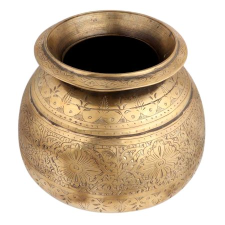Brass Pot Round Carved Floral Deign Traditional Planter Pot