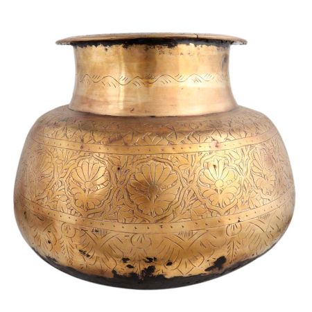 Brass Carved Pot Round Shape Thick Neck And Mouth