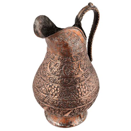 Copper Tinned Islamic Jug With Carved Flowers and Leaves