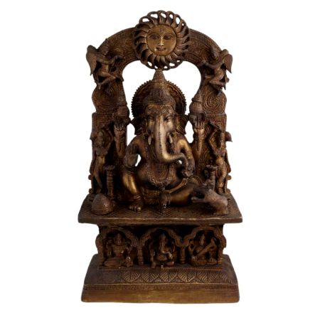 Vintage Brass Ganesha on His Aasan Sun God prabhavali