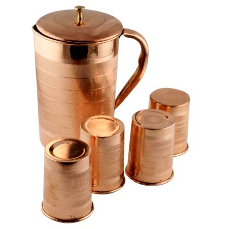 Luxurious Copper Jug With Lid And 4 Copper Glass Serve ware