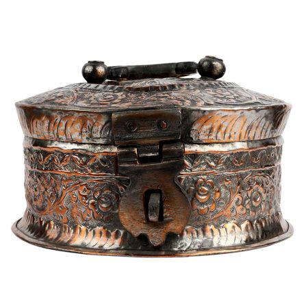 Copper Carved  Paan Daan Box With 6 Containers Big Handle And Latch