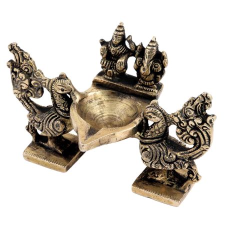 Brass Oil Lamp With  Laxmi Ganesha And Twin Peacocks Statue Festive Diya