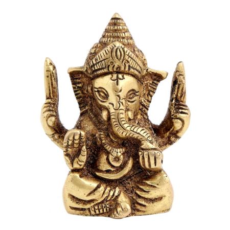Brass Ganesha Statue Sitting On Chowki Chaturbhurj Pose