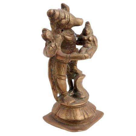 Brass Statue Of God Vishnu In Form Of Boar Lifting Goddess Bhudevi In His Arms
