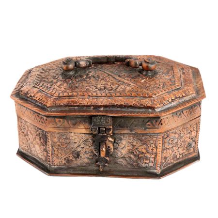 Copper Jewelry Box With Floral Kashmiri Repousse Artwork