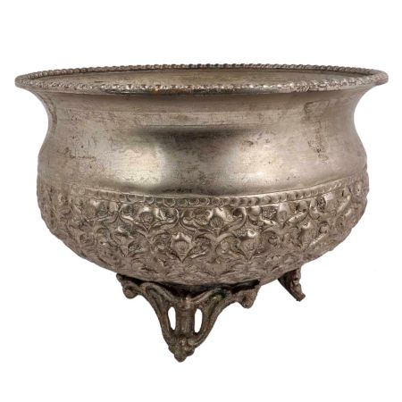 Old Copper Floral Design Embossed Bowl With Legs