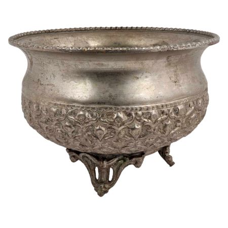 Old Copper Floral Design Embossed Bowl With Legs