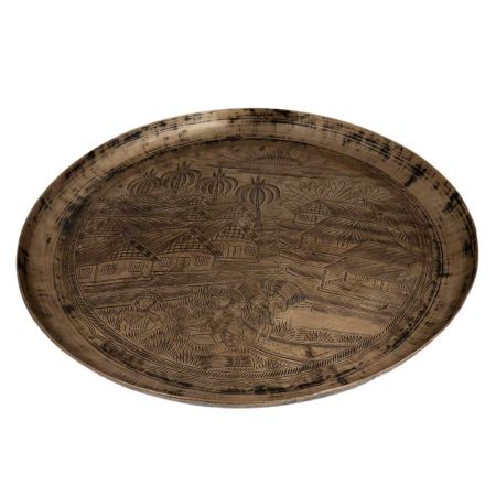 Tray engraved with village South India Farming Scene Paddy Fields In Bell metal