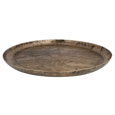 Tray engraved with village South India Farming Scene Paddy Fields In Bell metal