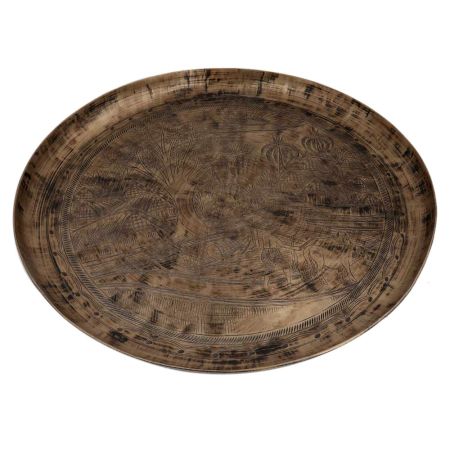 Bell Metal Tray Or Plate Hand Carved Village Landscape And Farming Scene