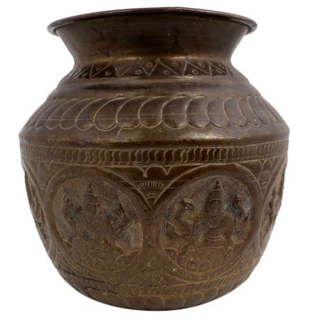 Brass Holy Water Pot Carved With God And Goddess And Traditional Design
