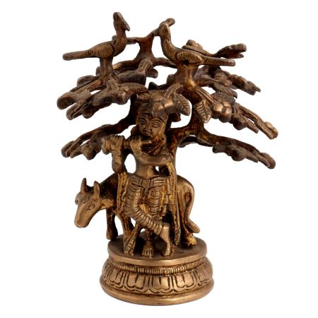 Brass Krishna Statue Cow Under Kadamba Tree