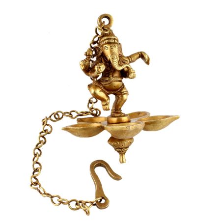 Brass Lord Ganesha Four Wicks Hanging Lamp Or Diya