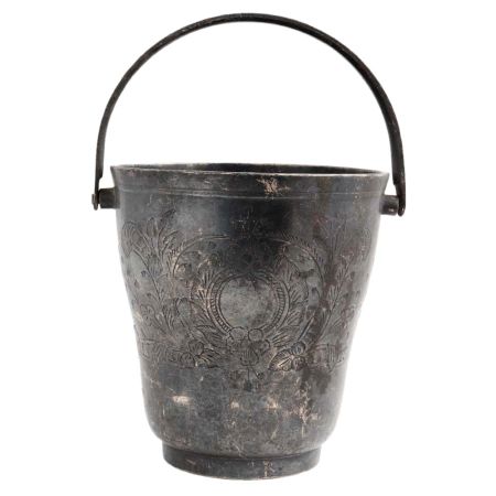Brass Bucket With Floral Pattern Handle And Silver Finish