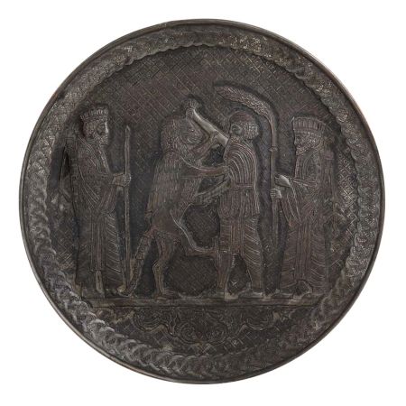 Round Brass Iranian Mythological Engraved Plate Wall Hanging