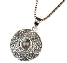 Round Engraved 92.5 Sterling Silver Pendant with Semi precious Stone