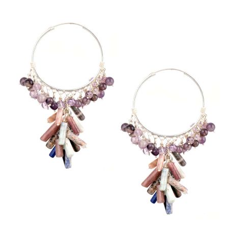 Sterling Silver Hoop Earrings With Colorful Stone Tassels