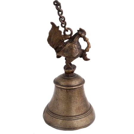 Brass Peacock Figurine Temple Bell With Long Chain