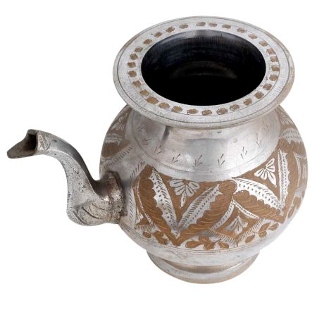 Brass Pot With Spout Engraved Leafy design Nickel Plating