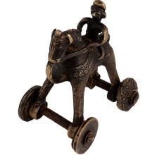 Handmade Brass Rider On Horse Hindu Temple Toy On Wheels