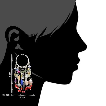 Sterling Silver Bali Hoop Earrings With Multi colored Stone Tassel