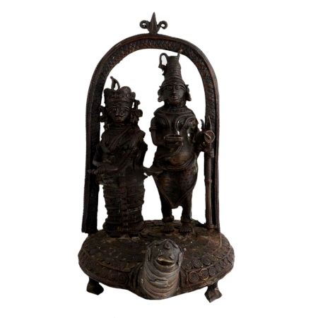 Brass Lord Shiva With Parvati Tribal Art On Turtle