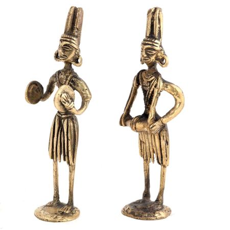 Brass Tribal Musical Couple Statue In Pair