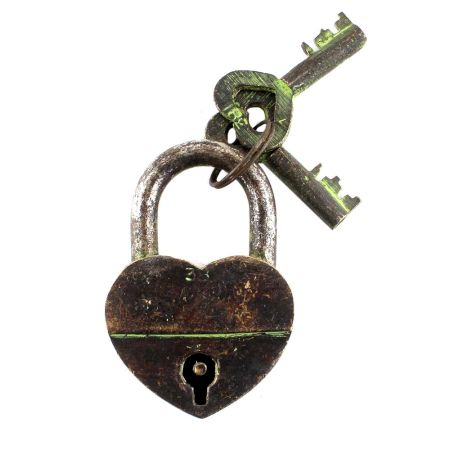 Brass Heart Shaped Lock and Keys In Pair With Patina