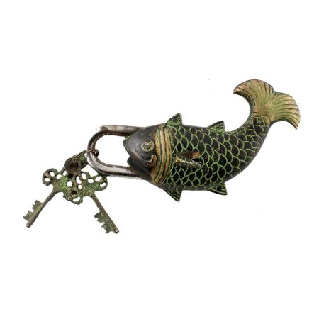 Brass Whale Fish Padlock Lock with Skeleton Key In Pair Patina Finish