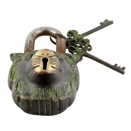 Brass Lion Shape Lock with Keys In Patina Finish