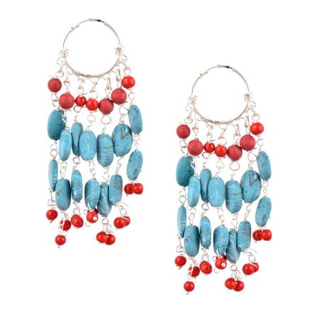 92.5 Sterling Silver Turquoise Bali Hoop Chandelier Earrings