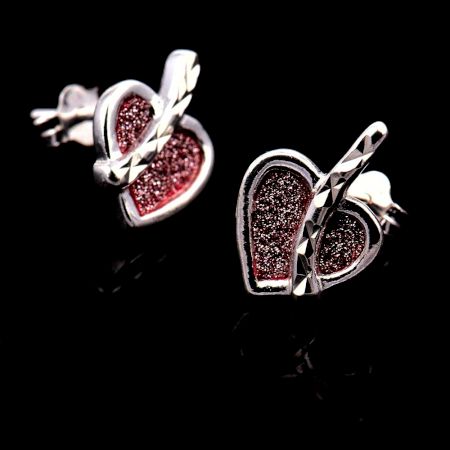 Pink Sparkle Heart Charm 92.5 Sterling Silver Stud Earrings