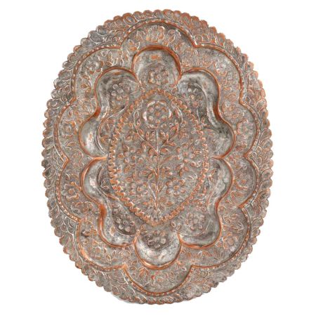 Vintage Copper Oval Tray Scalloped Edge And Carved floral Foliage Pattern