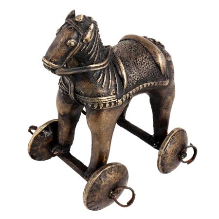 Traditional Brass Horse Temple Toy On Wheels