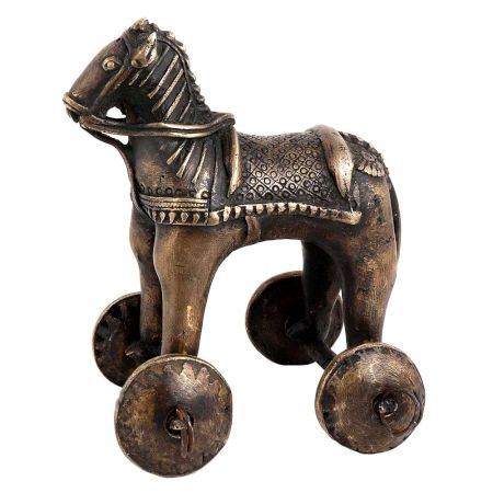 Traditional Brass Horse Temple Toy On Wheels
