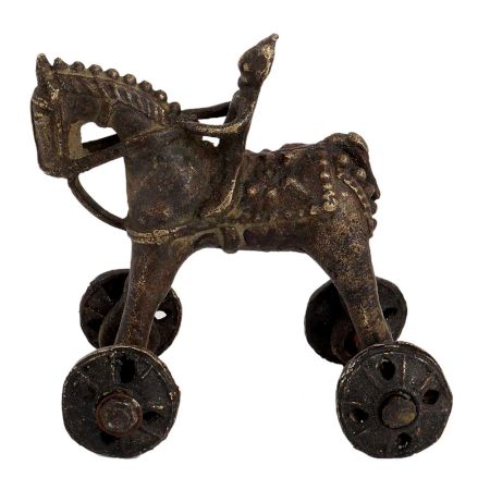Indian Brass Horse Temple Toy On Wheels