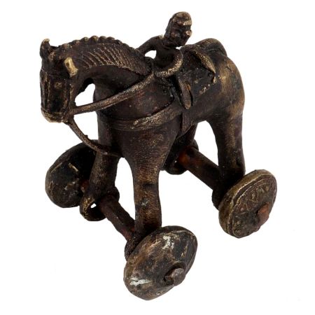 Indian Brass Temple Toy Soldier Rider Horse On Wheels