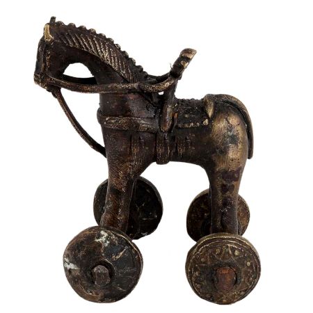 Indian Brass Temple Toy Soldier Rider Horse On Wheels