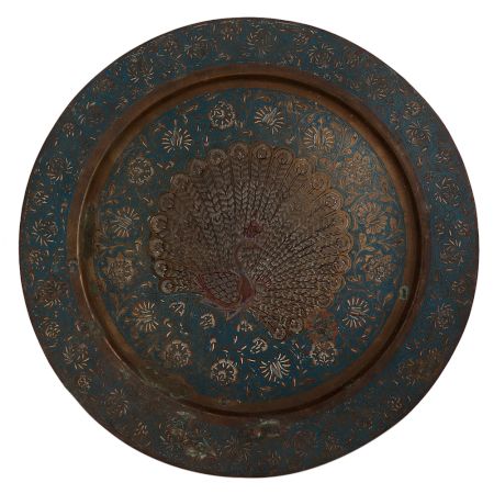 Brass Blue Painted Peacock Enameled Wall Plate