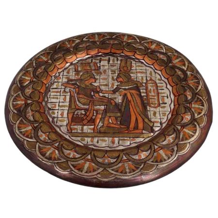 Vintage Round Hand Painted Brass  Egyptian Art Scene Wall Hanging