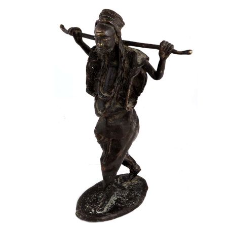 Brass African Farmer Statue standing with stick